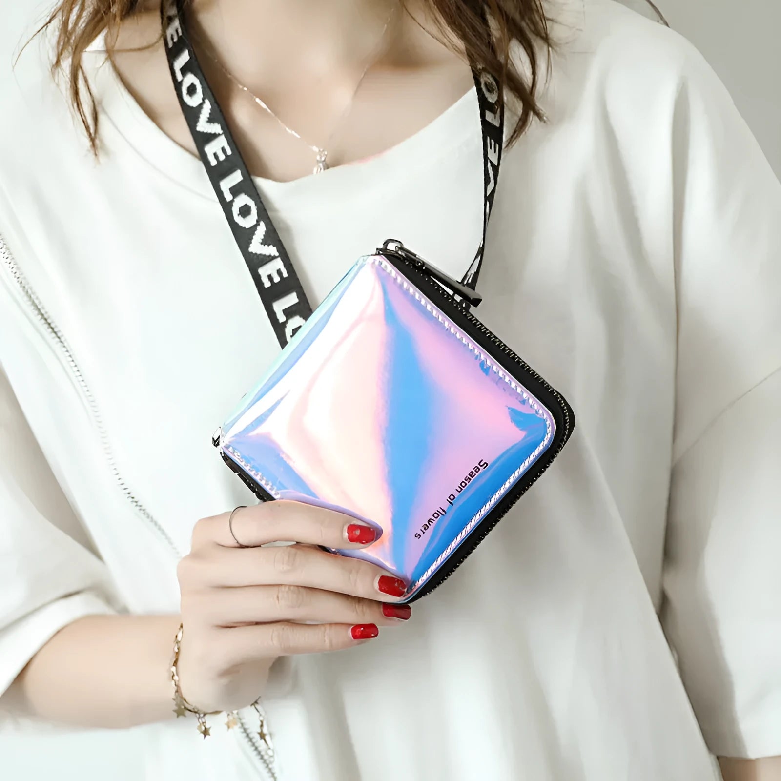 Women's short folding Korean style wallet in crystal blue, magic nail glitter, or symphony green colours showing 11cm dimensions