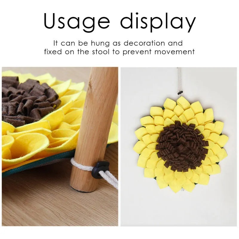 Yellow sunflower-shaped snuffle mat with layered fleece and felt strips for hiding dog treats