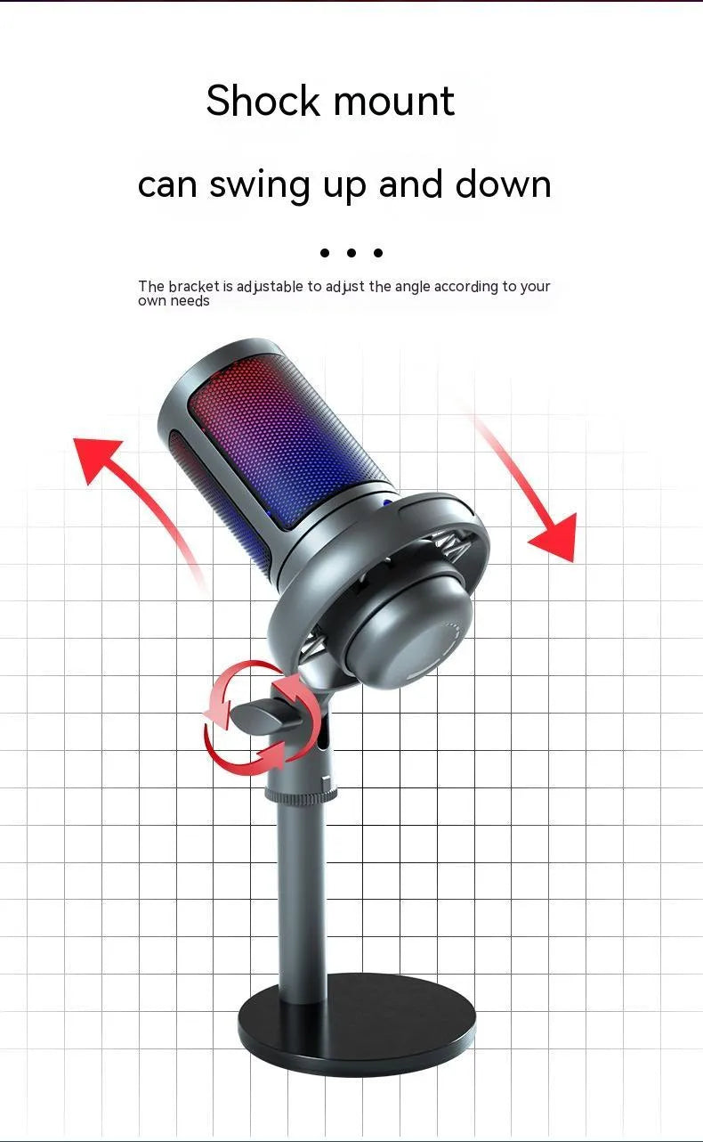 RGB condenser microphone with colourful lighting for computer recording and live broadcasts