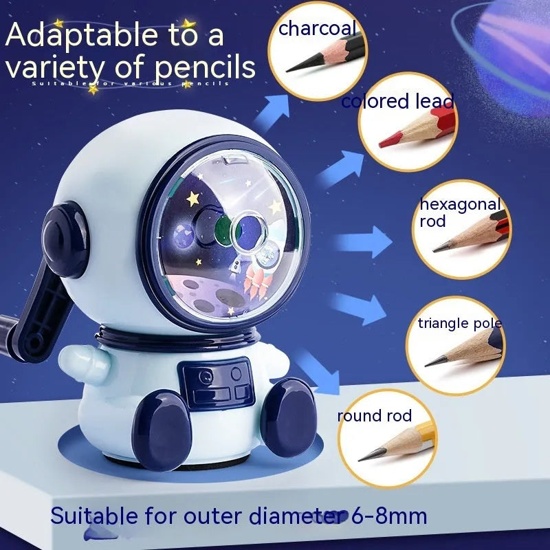 Blue cartoon astronaut manual pencil sharpener with anti-jam mechanism for children