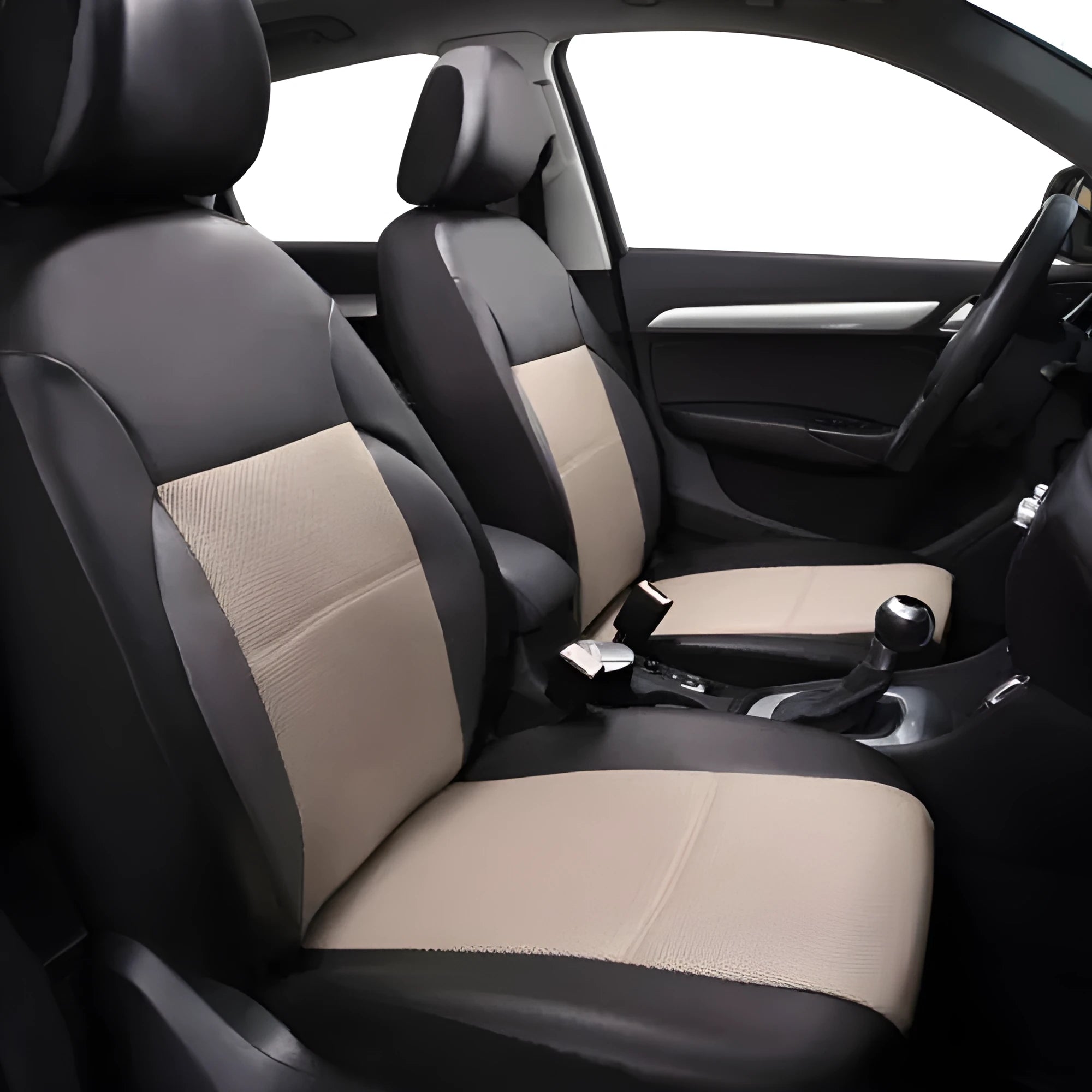 Artificial leather car seat cover set showing front seat, rear bench, and headrest pieces in black.