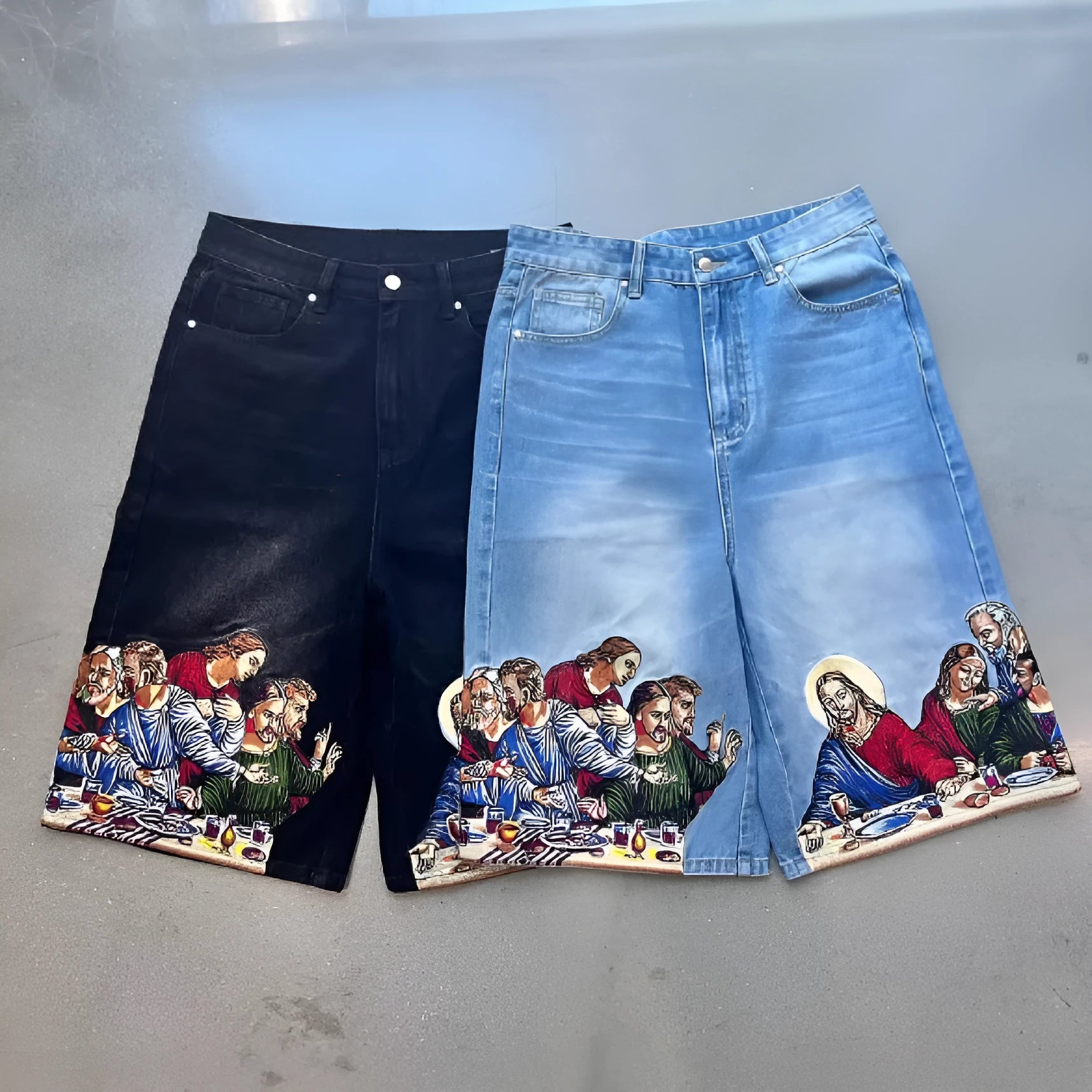Men's blue cotton shorts with Jesus print on back pocket and tapered design