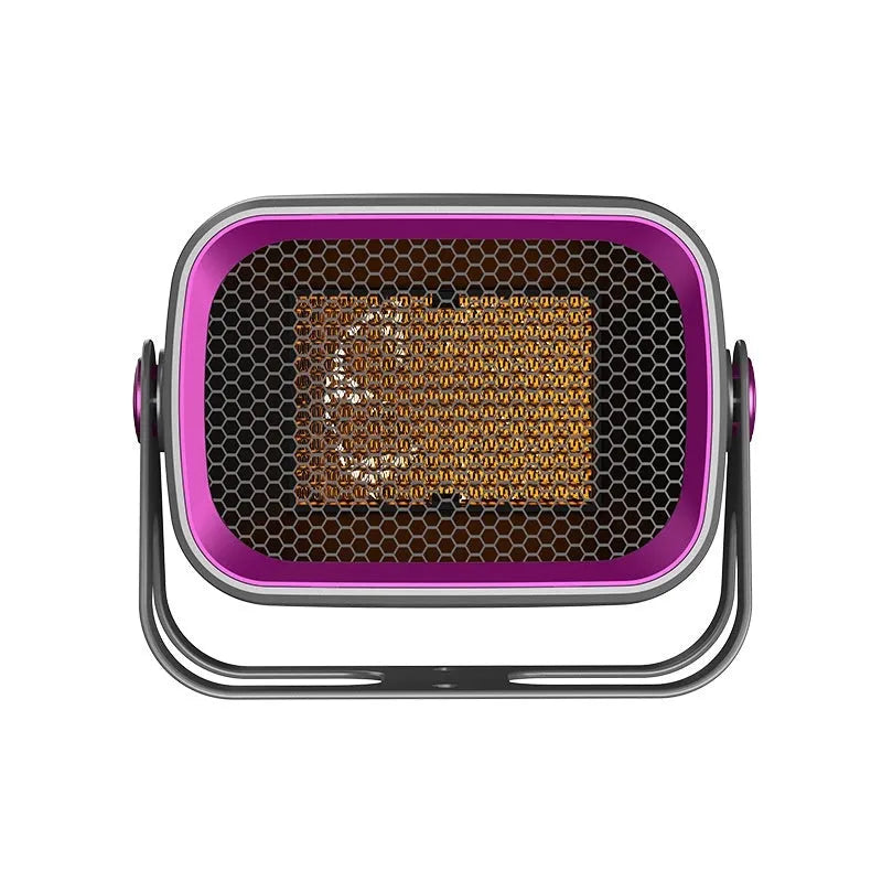 White desktop electric fan heater with push-button controls and a rotatable base on a wooden table.