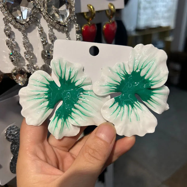 Pastoral style alloy floral stud earrings with oil-spot glaze in blue, green, purple, and rose colours