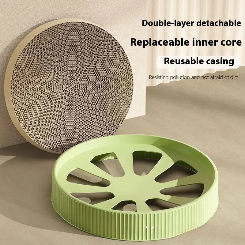 Round green and white cat scratching board with replaceable refills, 55cm diameter