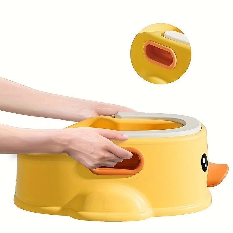 A blue duck-shaped PVC bath tub for washing dogs and cats on a bathroom floor.