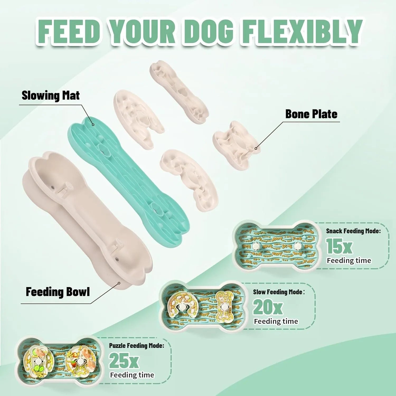 Large green slow feeder dog bowl with three rotating puzzle trays for dry and wet food