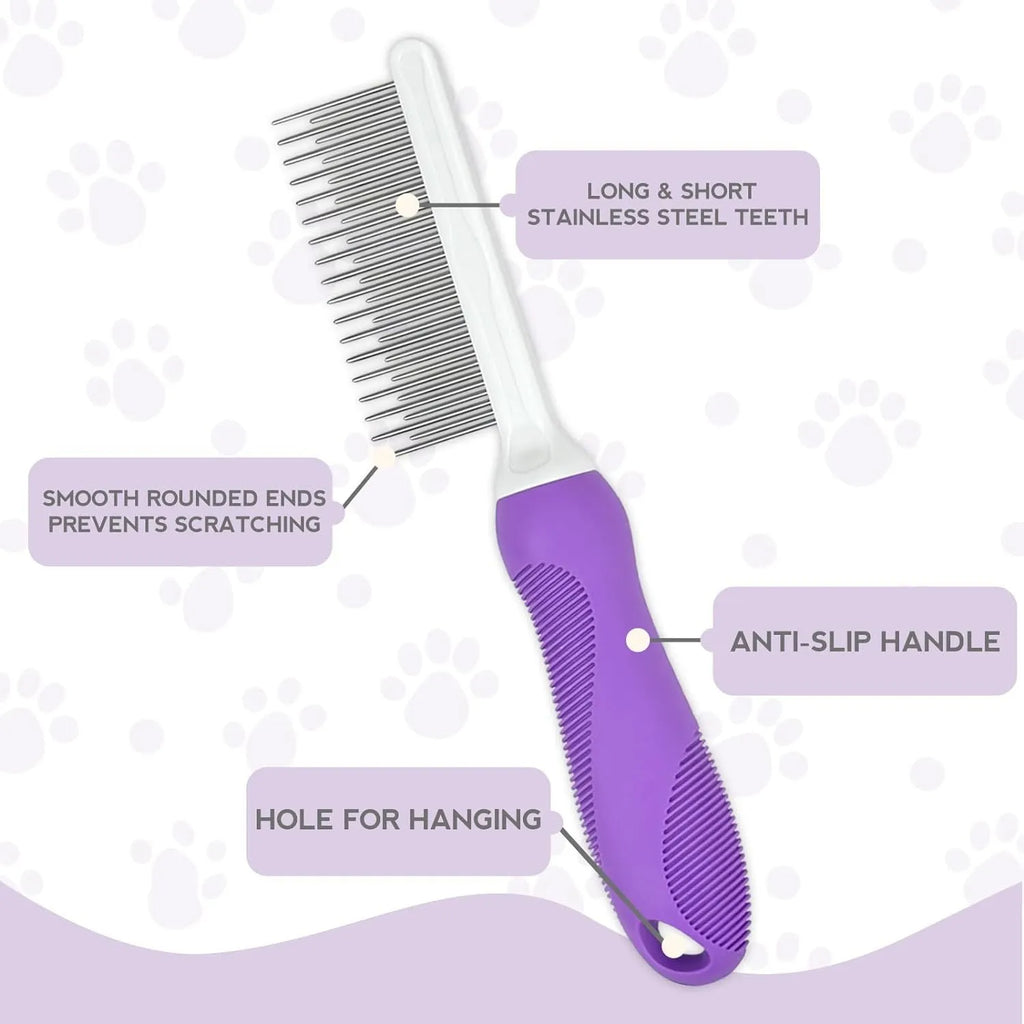 Purple pet grooming comb with stainless steel teeth and ergonomic handle for detangling dog and cat fur