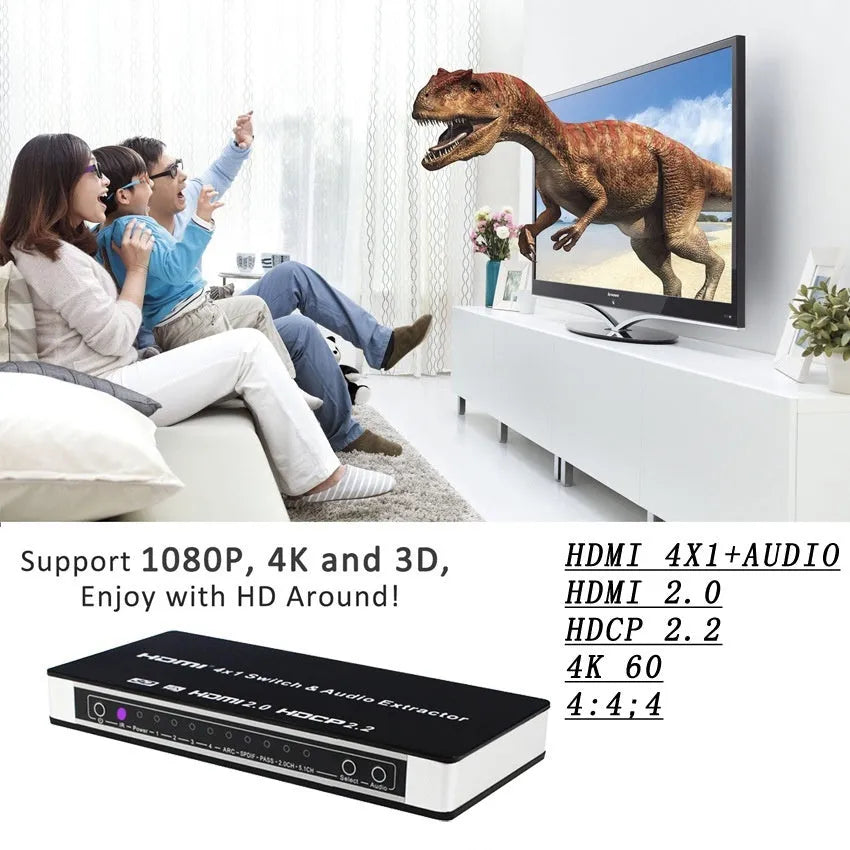 Black HDMI audio switch with remote control and 10-metre cable for 4-in-1 video switching