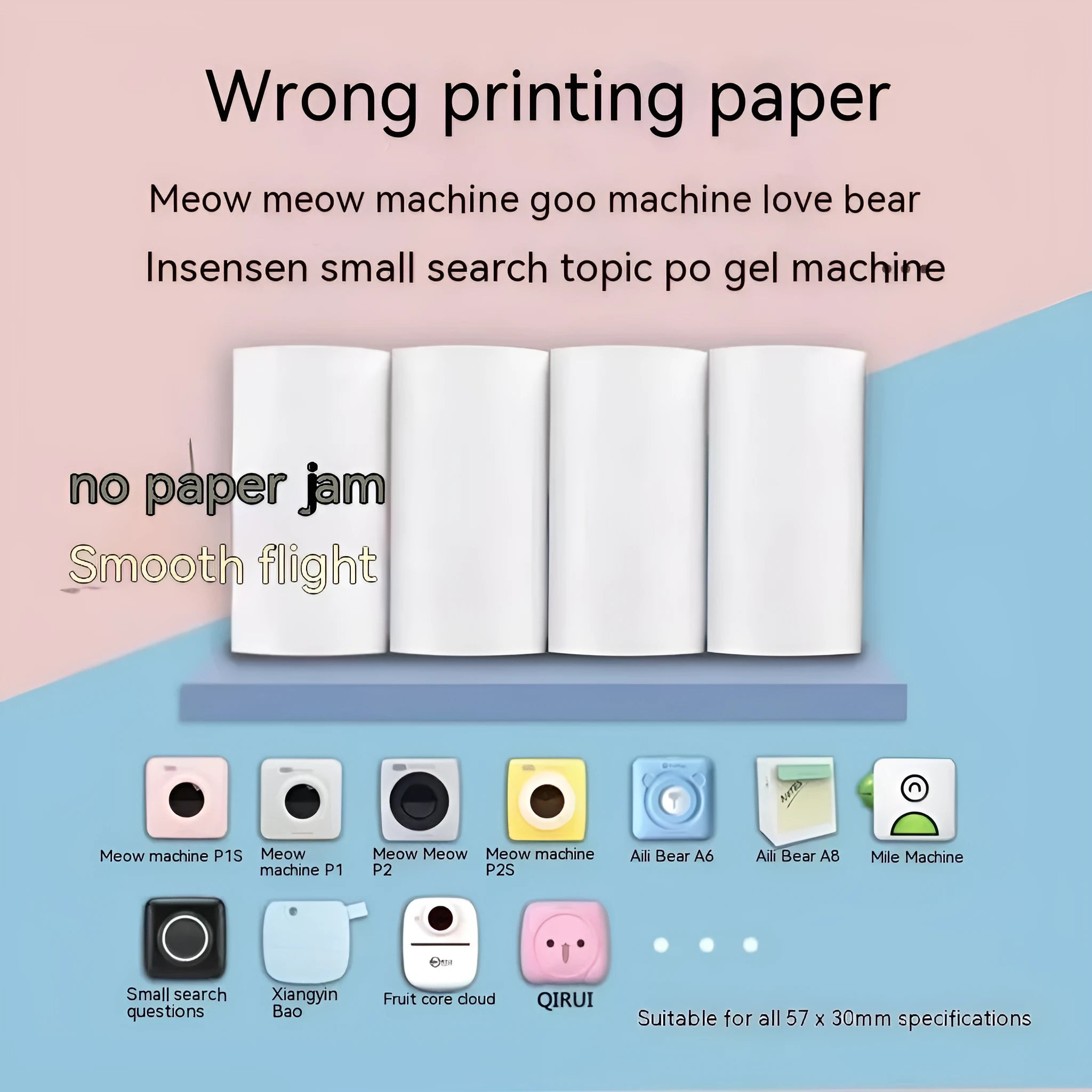 57x30mm thermal printing paper rolls in pink, yellow, and blue for wrong question books