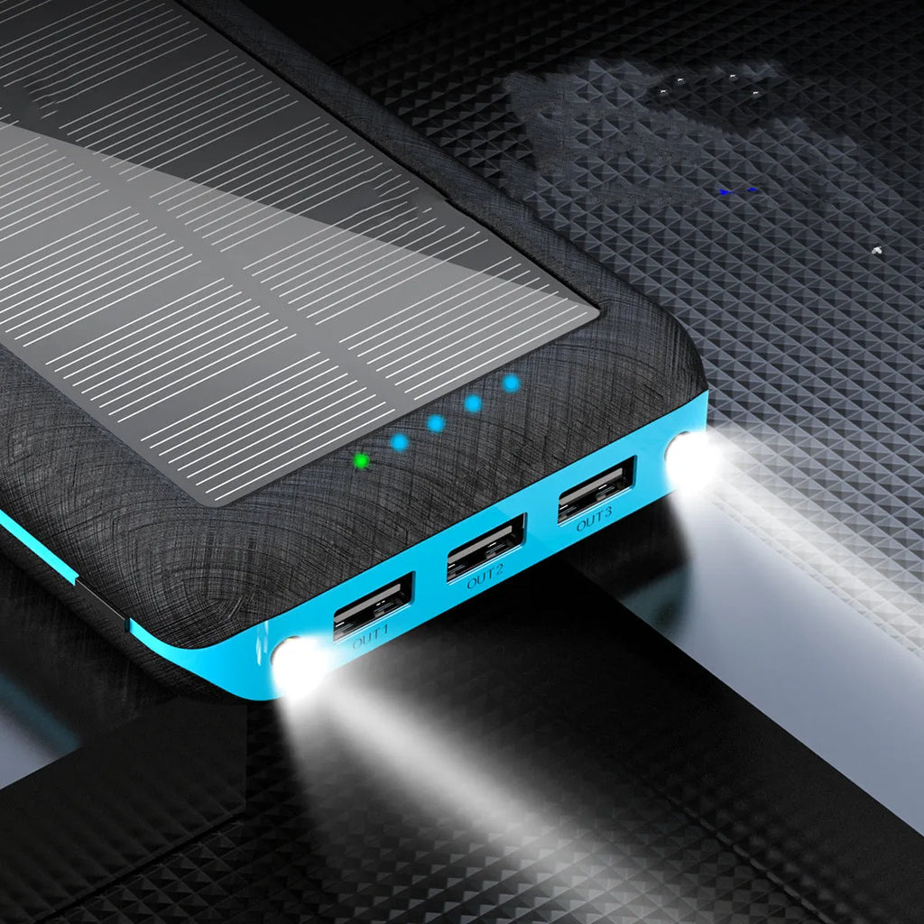 Portable solar power bank with Qi wireless charging and LED flashlight in black