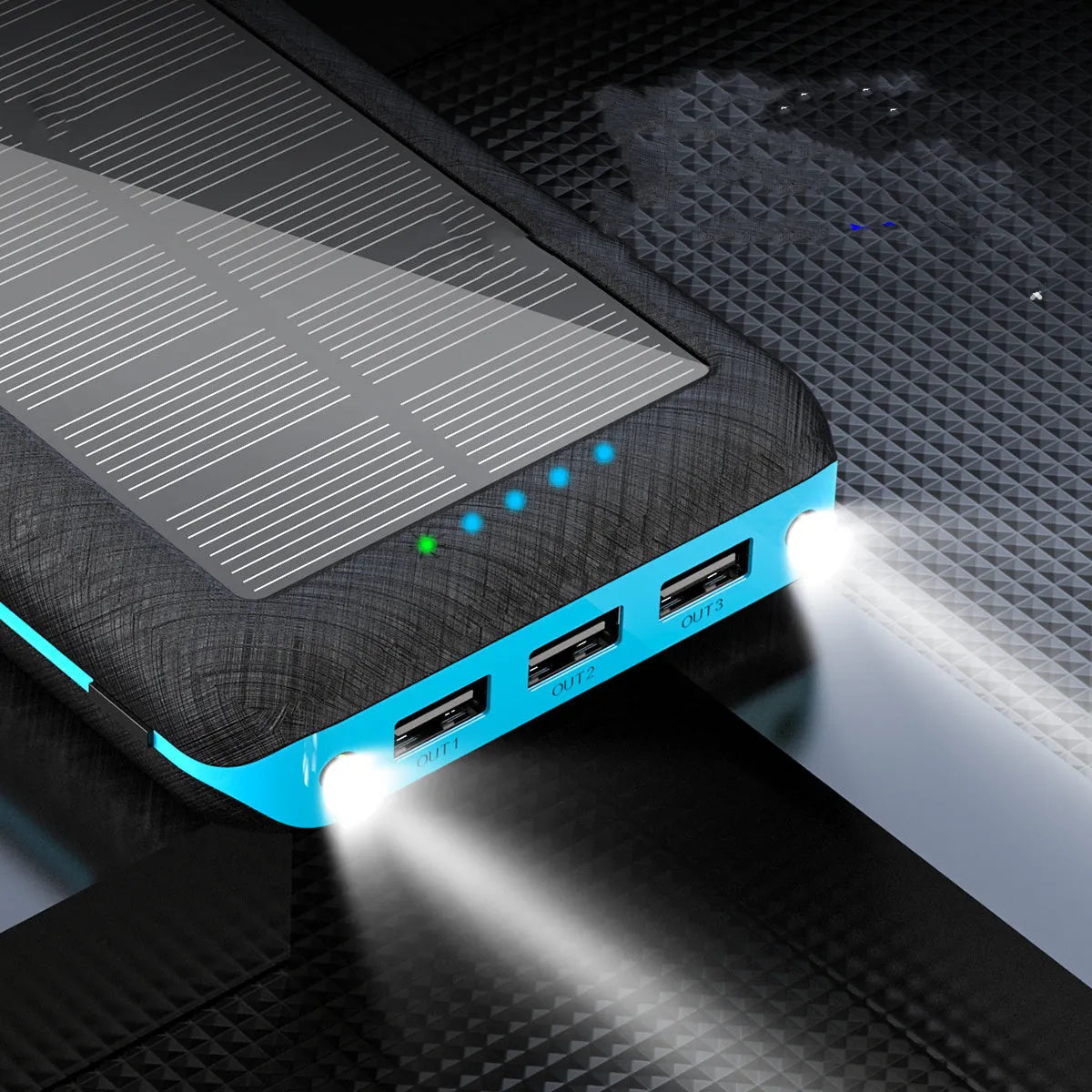 Portable solar power bank with Qi wireless charging and LED flashlight in black