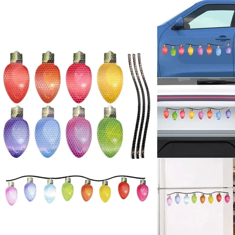 Set of 24 reflective Christmas light bulb magnetic stickers and 12 magnetic wires for car or refrigerator decoration