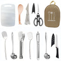 12-piece stainless steel picnic cutlery set inside a khaki coloured portable storage bag.