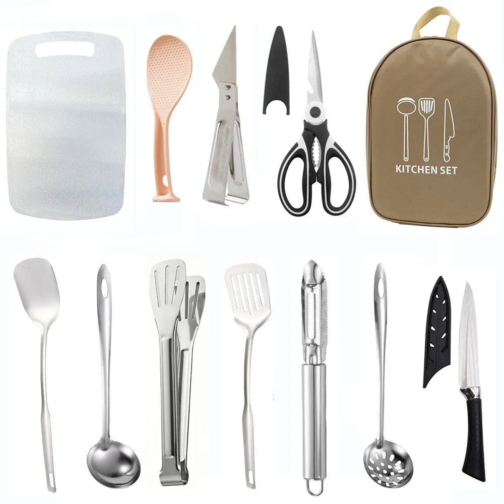 12-piece stainless steel picnic cutlery set inside a khaki coloured portable storage bag.