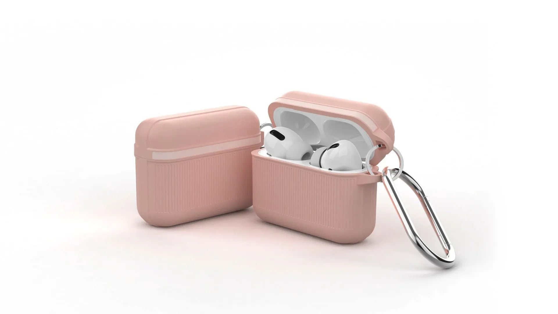 Silicone clamshell protective case for Apple AirPods with a metal buckle closure in six colour options.