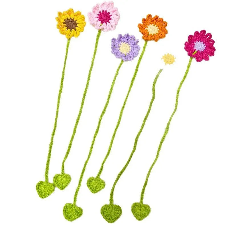 Hand-crocheted wool bookmark with Little Daisy design on flexible wire in yellow colour