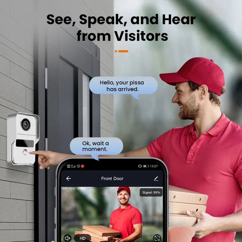 10-inch display and outdoor unit of a wired 1080P video intercom doorbell system with installation tools.