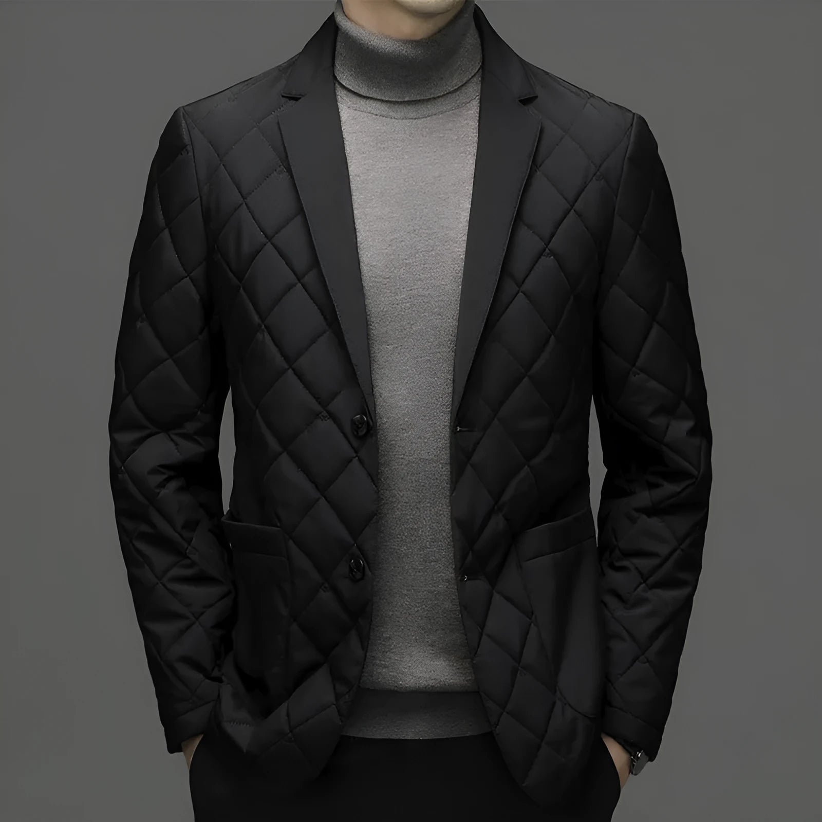 Men's solid colour down jacket with cardigan lapel and side seam pockets in winter setting