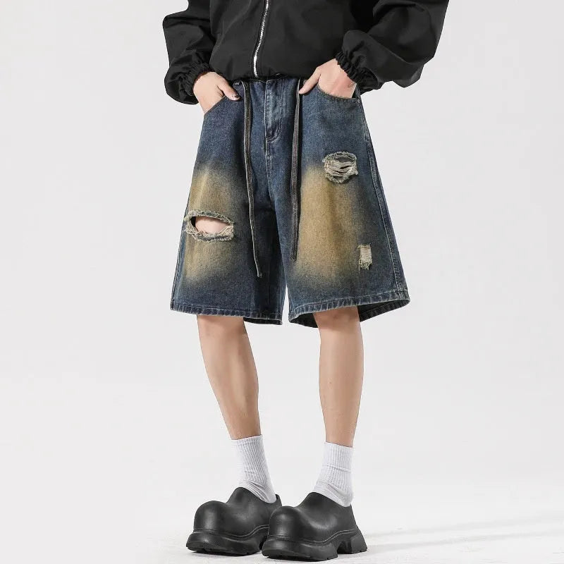 American High Street old ripped jeans in retro blue, loose fit cotton denim, men's street style pants