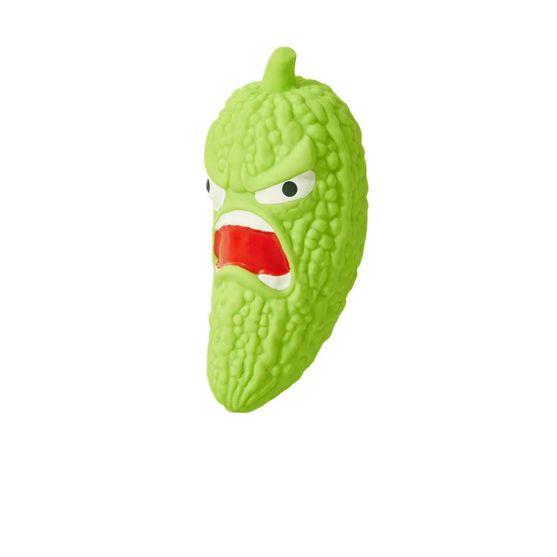 Bitter melon and chilli shaped dog toys with textured surfaces for bite resistance and teeth cleaning
