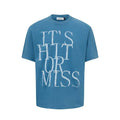 Men's blue loose fit cotton blend T-shirt featuring a large American retro style white letter print on the front.