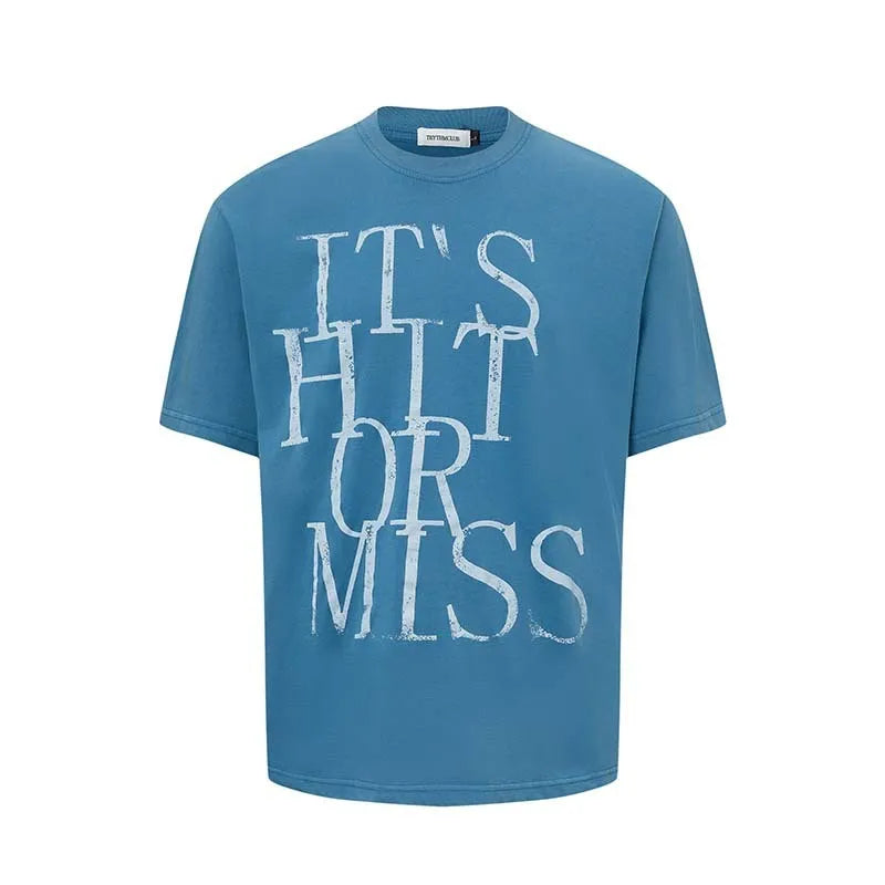 Men's blue loose fit cotton blend T-shirt featuring a large American retro style white letter print on the front.