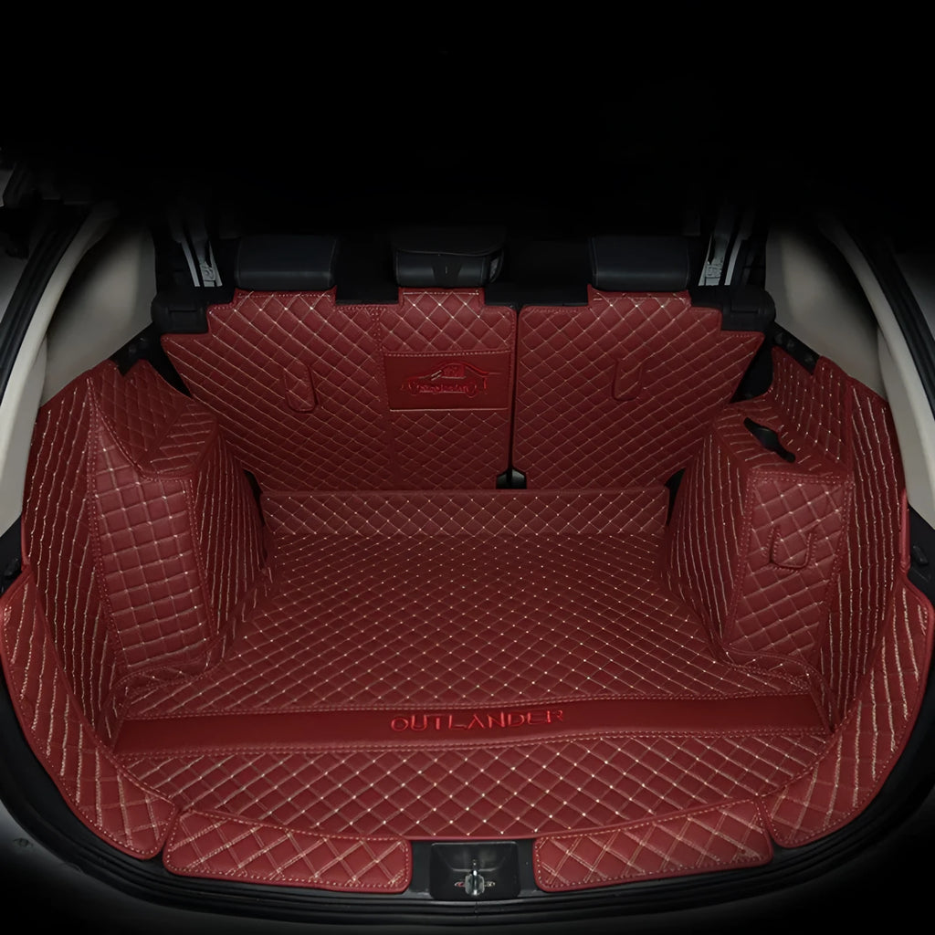 3D raised edge boot liner mat for Mitsubishi Outlander, shown in a wine red colour with contrasting trim.