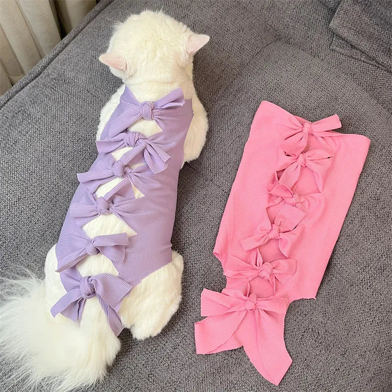 Lace-up polyester cat recovery suit for post-sterilisation surgery in blue colour, size large.