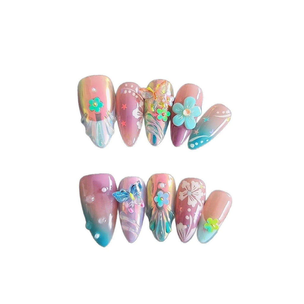 Handmade nail art sculptures with colourful embossed flower and butterfly designs