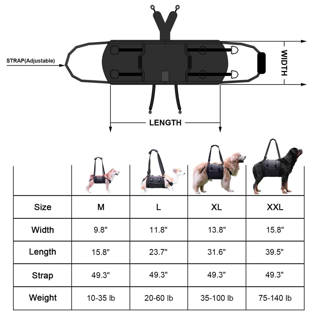 Black Oxford cloth dog harness with leg support straps shown on a dog model.