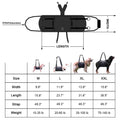 Black Oxford cloth dog harness with leg support straps shown on a dog model.