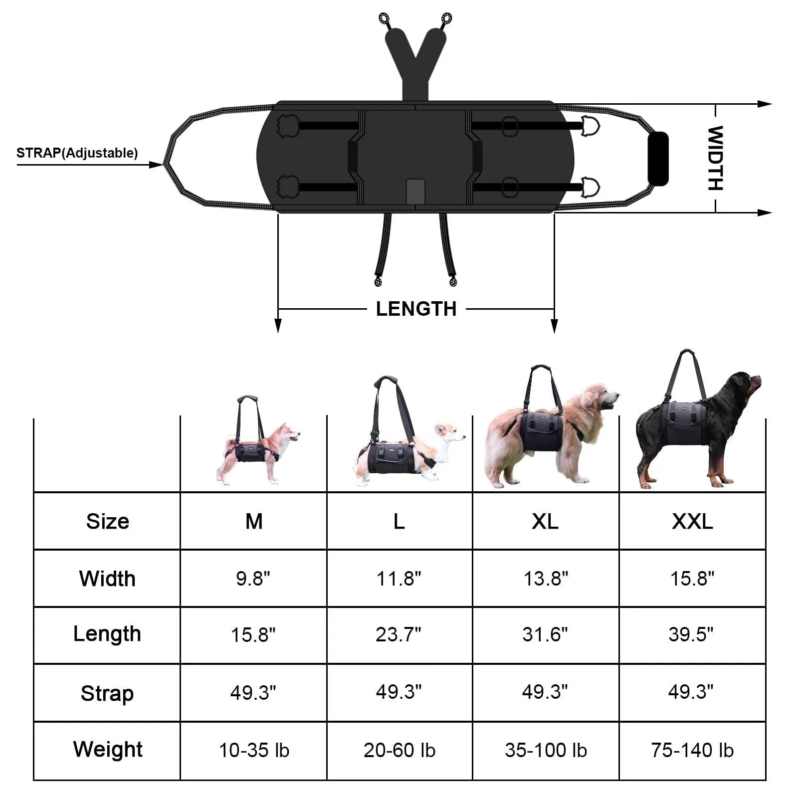 Black Oxford cloth dog harness with leg support straps shown on a dog model.