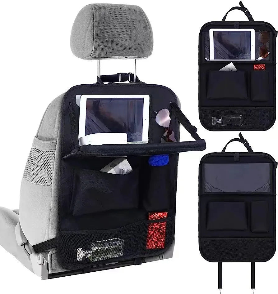 Black oxford cloth car seat back storage organiser bag hanging over a car seat.