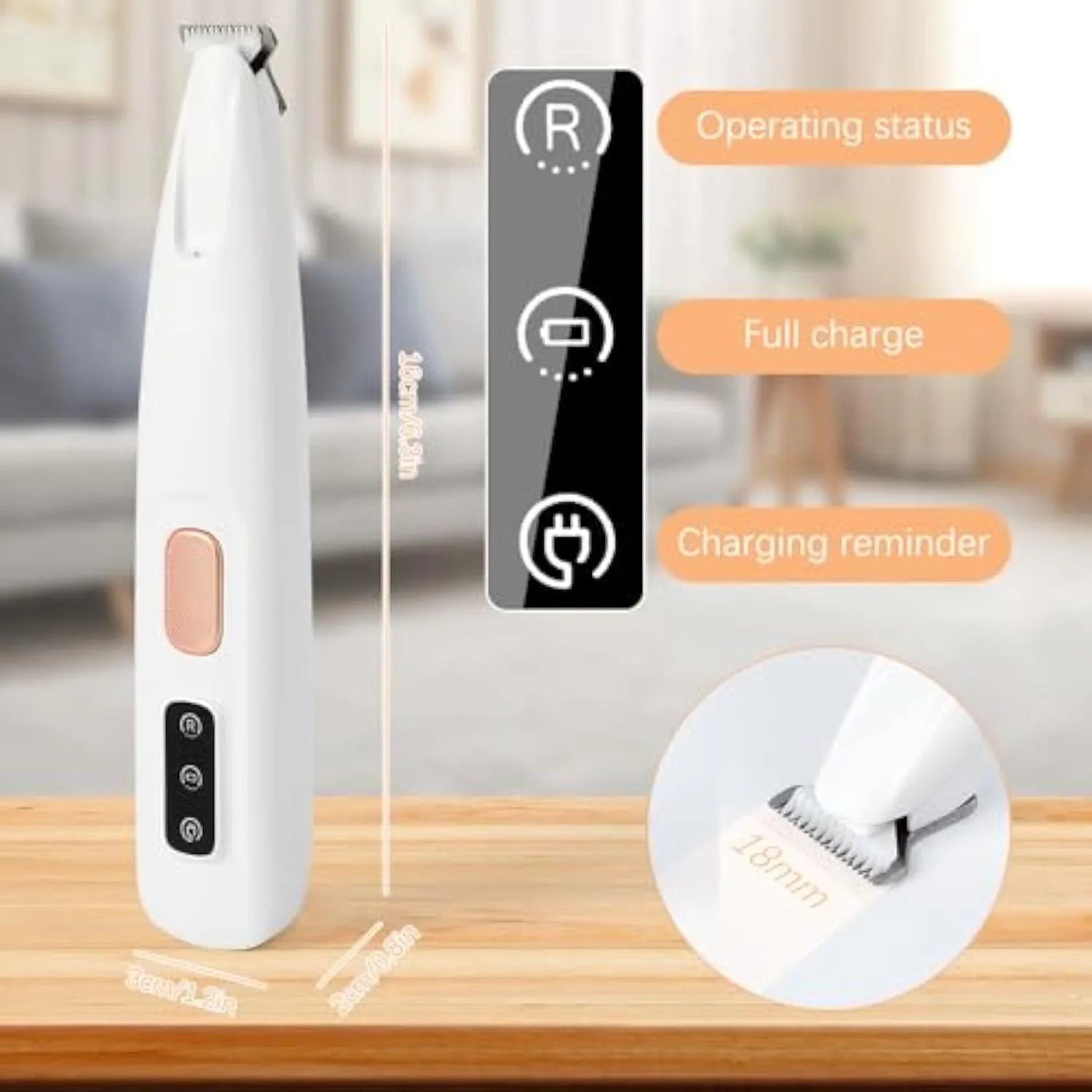 White electric dog paw trimmer with LED light, rechargeable, compact 17.7cm size, for trimming pet paw fur