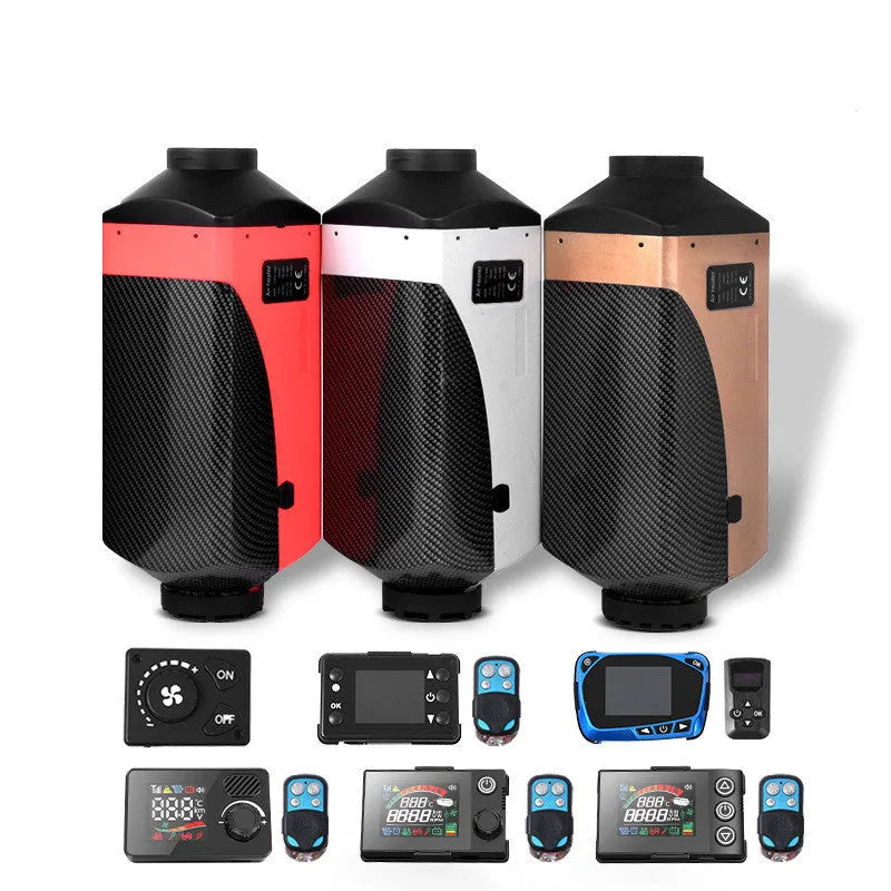12V and 24V diesel air heater unit with fuel tank, pump, and installation components for vehicles.