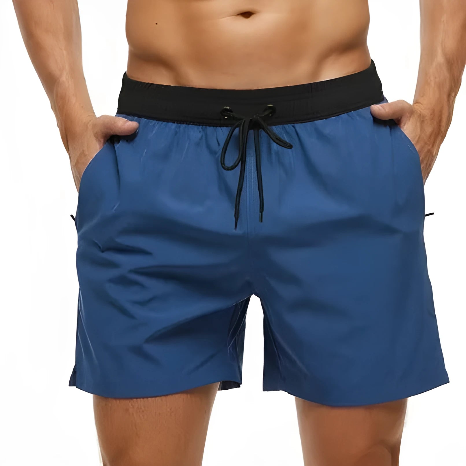 Men's blue running shorts with a drawstring waist and a zippered side pocket.