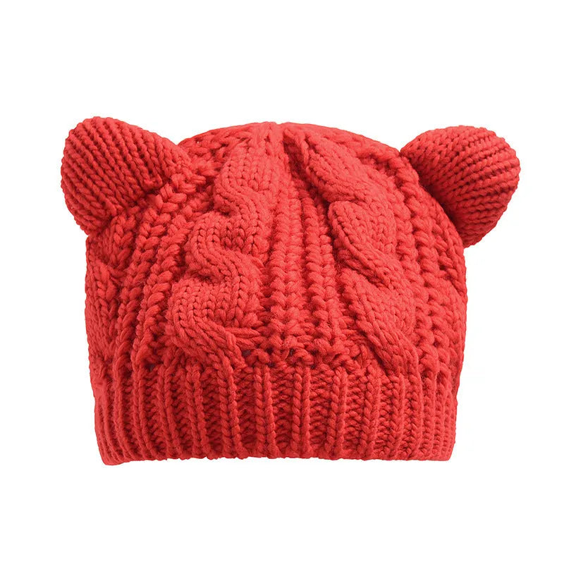 Hand-made knitted beanie hat with 3D cat ears in winter wool colours
