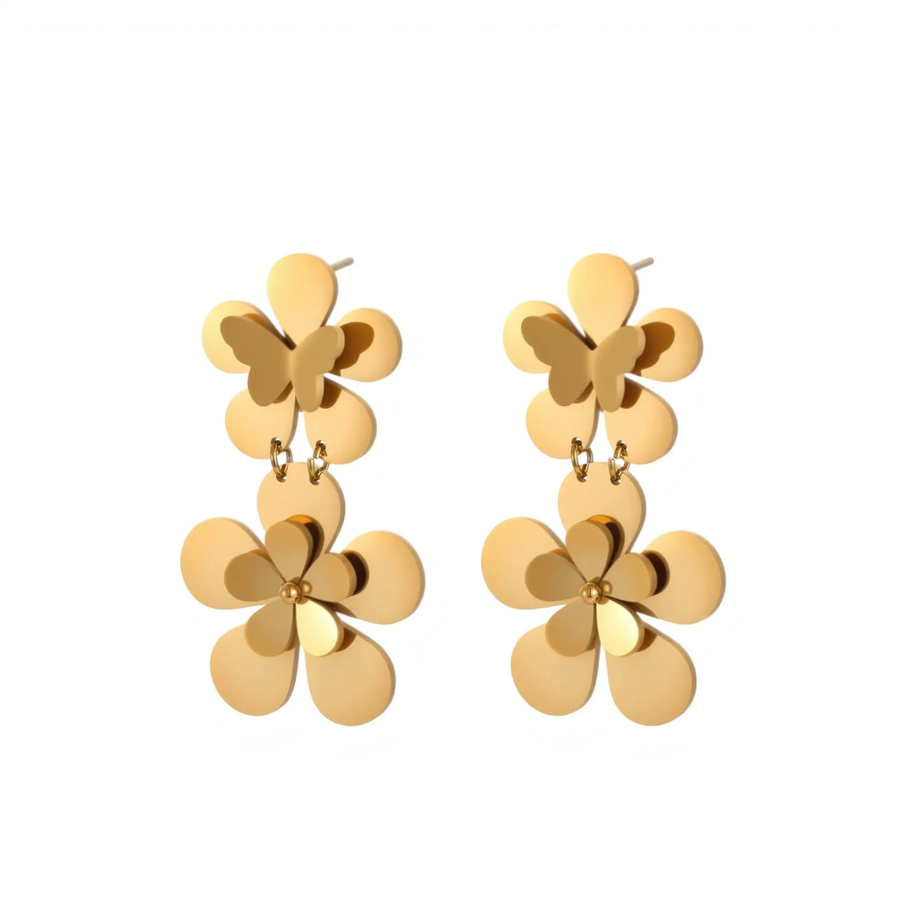 Gold flower butterfly stainless steel earrings with geometric design and 18K electroplated finish