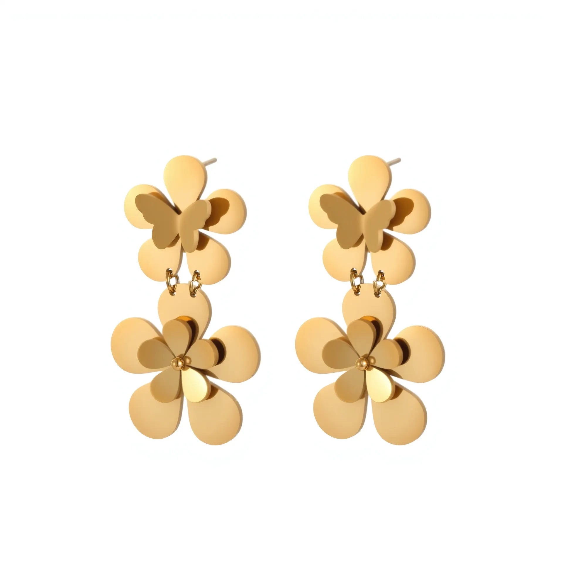 Gold flower butterfly stainless steel earrings with geometric design and 18K electroplated finish
