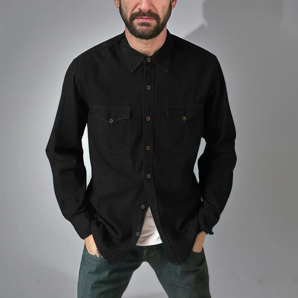 Men's regular fit denim cardigan coat in khaki, shown open as a front layer.