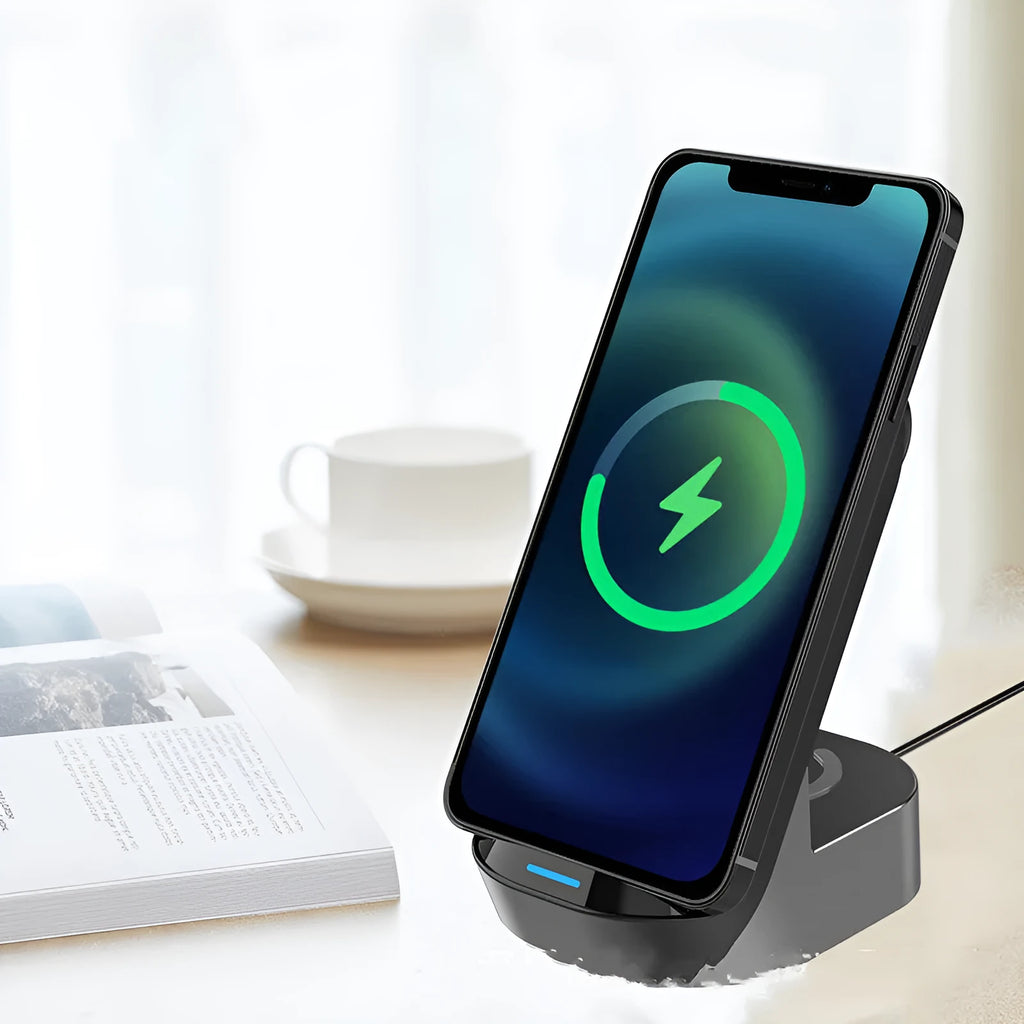 Black grey foldable 3-in-1 wireless charger vertical stand for phones, watches, and earbuds