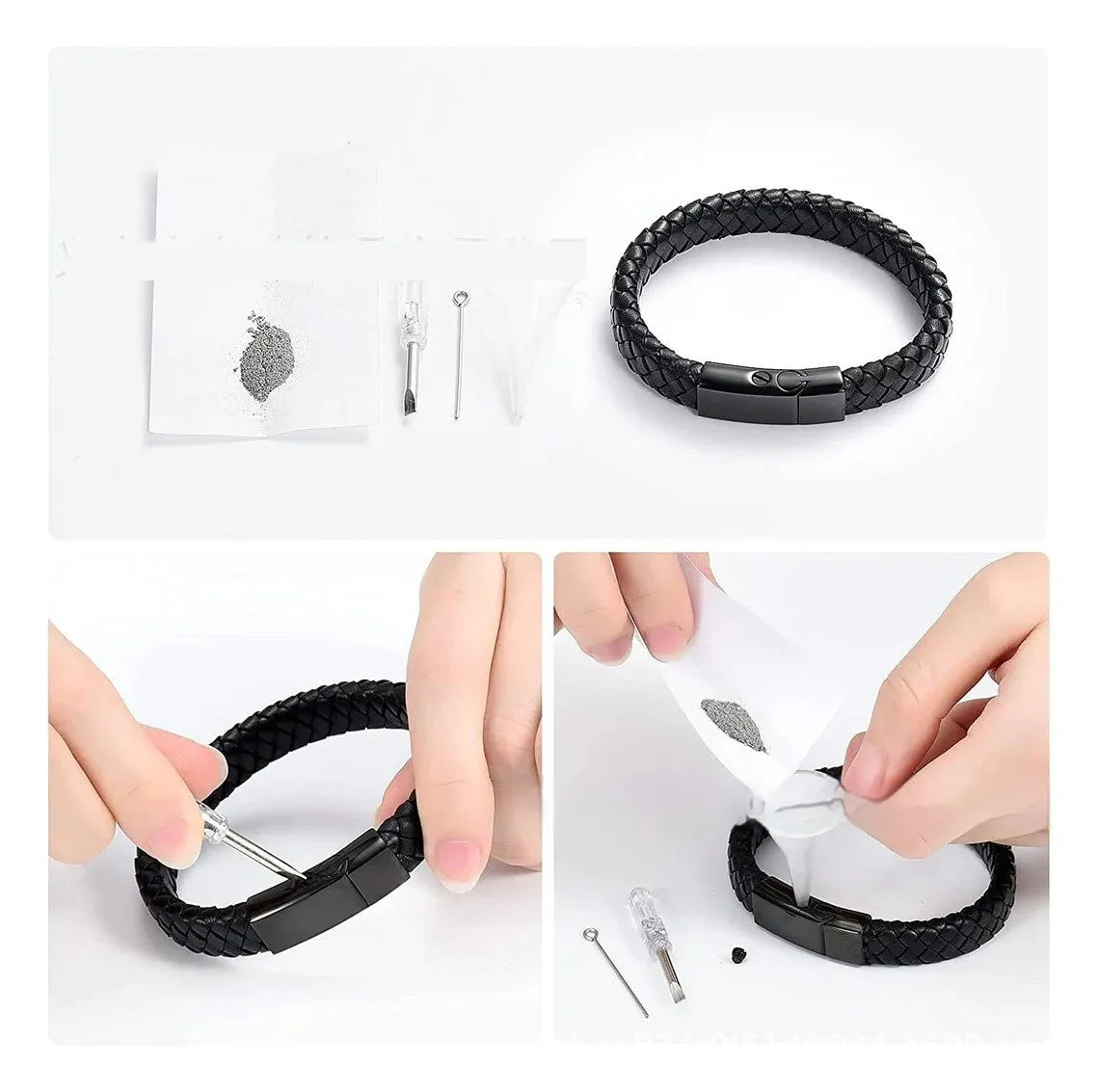 Black stainless steel memorial bracelet with woven leather detailing, showing personalisation engraving area.