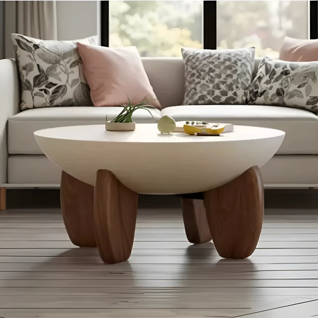 White adjustable height solid wood coffee table shown in a living room setting.