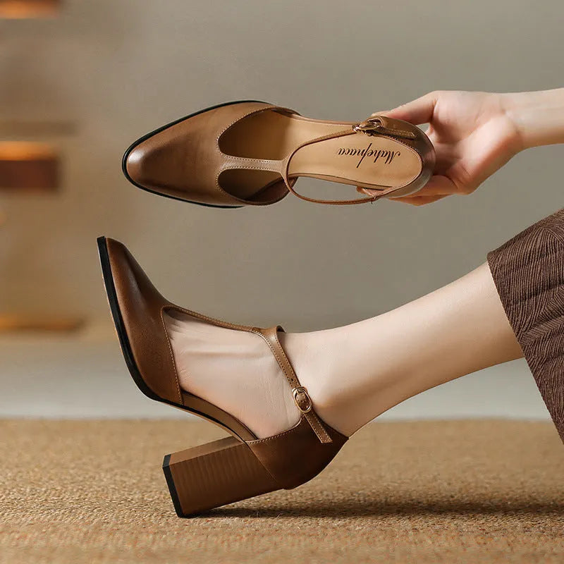 Retro pointed-toe women's Mary Jane shoes in dark brown leather with a buckle and hollow Baotou design.
