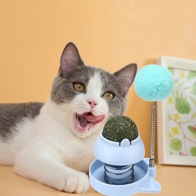 Blue self-licking mint ball cat toy for dental care and hairball relief