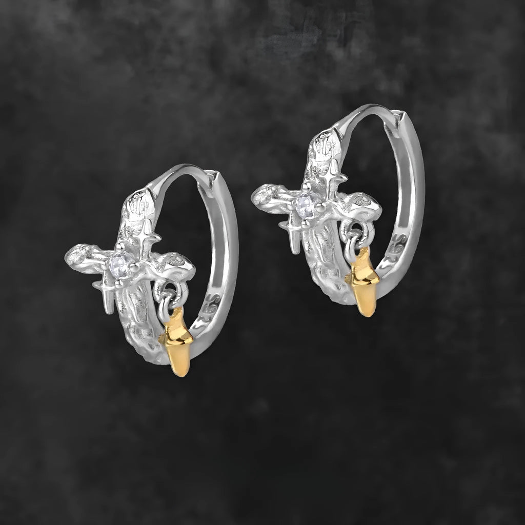 Women's geometric cross earrings in 925 silver with white gold colour finish and round design elements