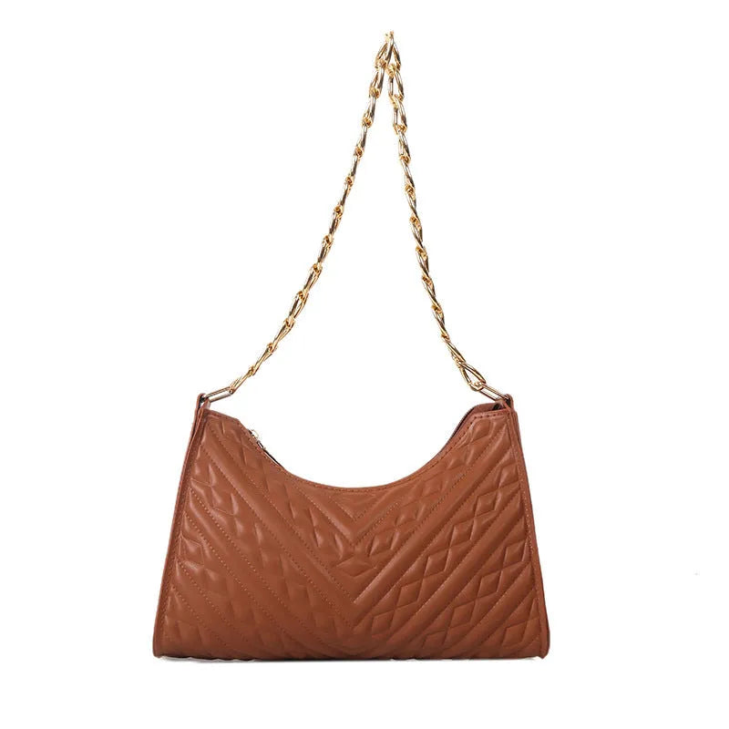 Brown pleated PU leather vertical square shoulder bag with a chain strap and soft handle.