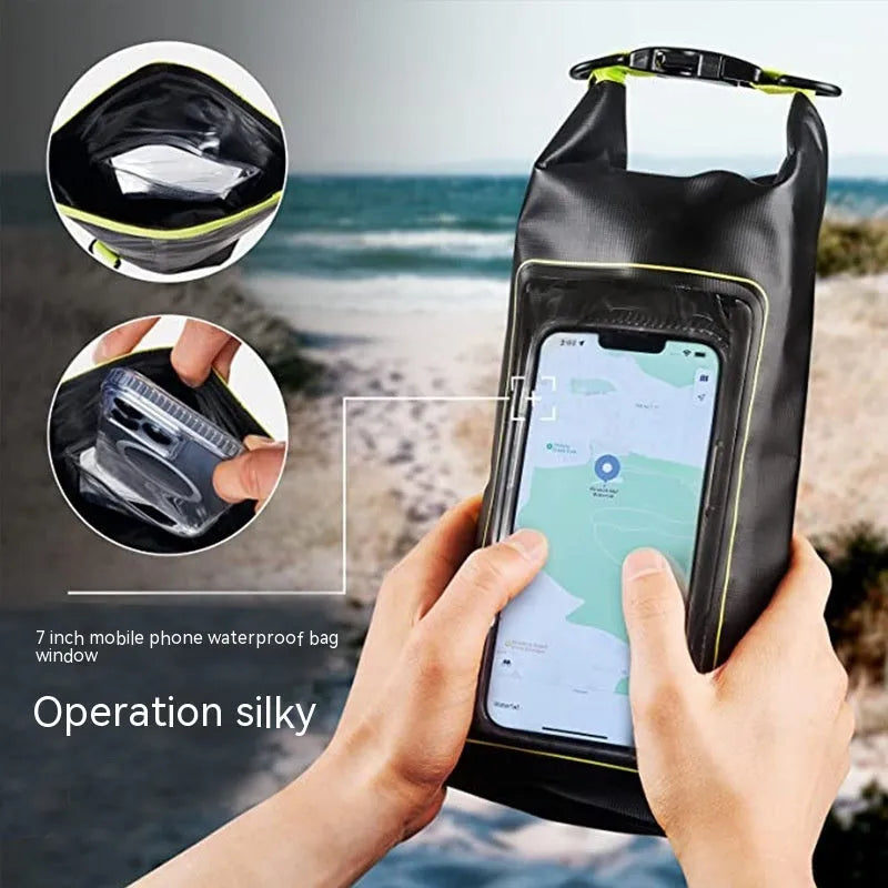 PVC mesh waterproof crossbody sports dry bag shown in army green colour, suitable for beach and swimming.