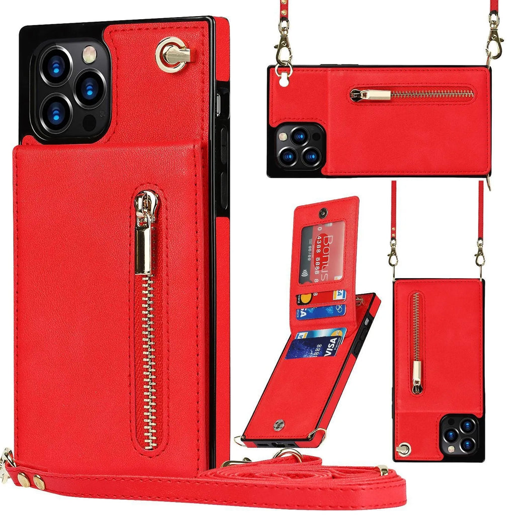 Leather and TPU protective phone case for smartphone in black, green, purple, red, and rose gold colours.